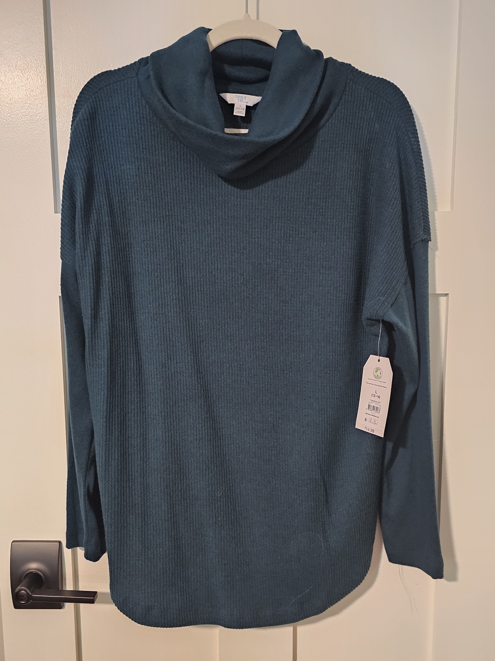 Time and Tru Teal Ribbed Cowl-Neck Pullover Sweater